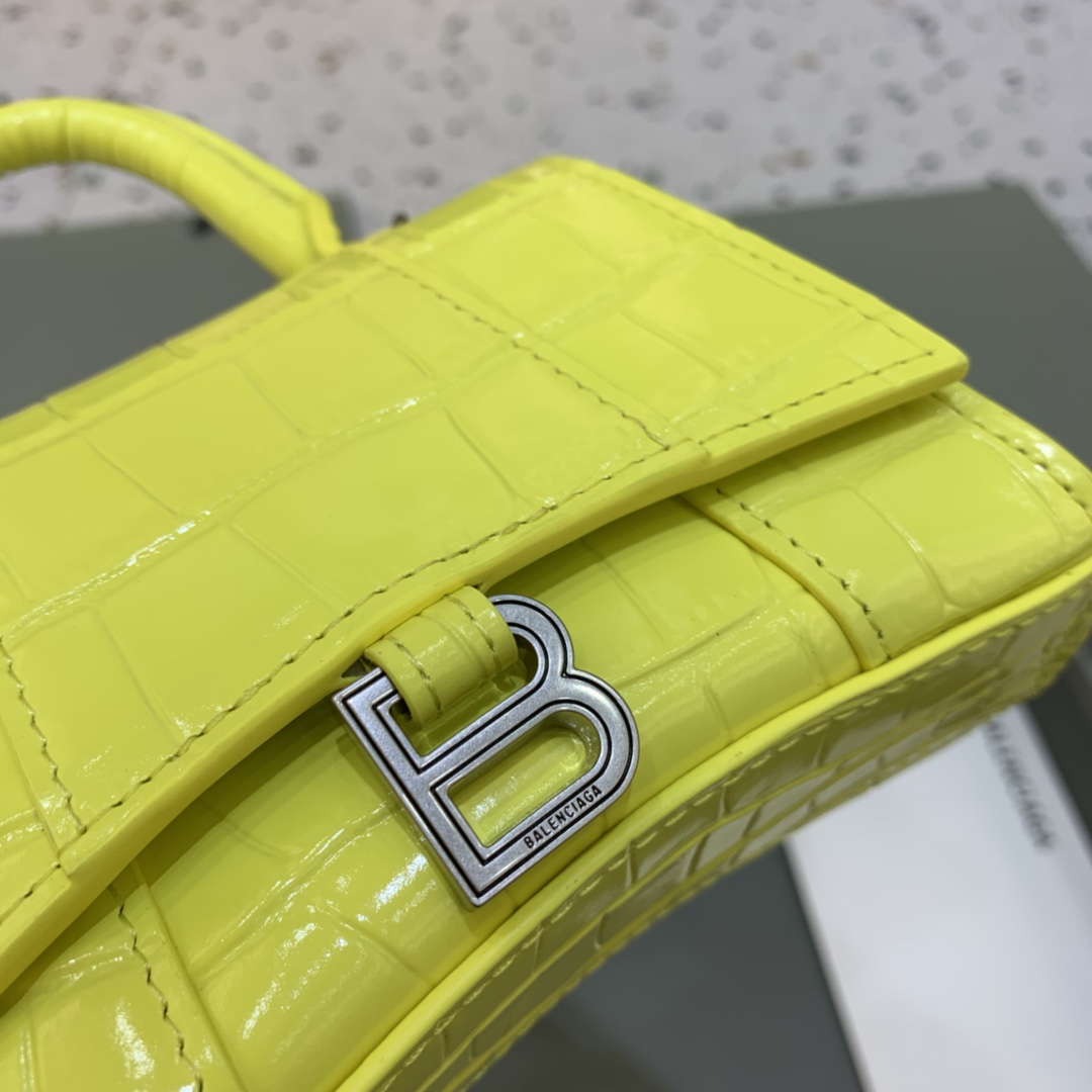 Balenciaga Hourglass Mini Handbag With Chain Crocodile Embossed Shoulder Bag Yellow